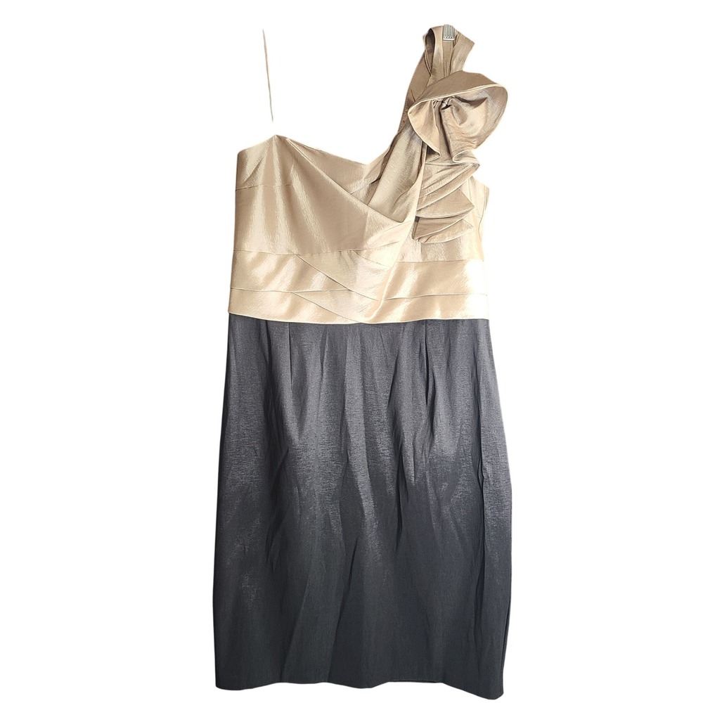 London Times Womens One Shoulder Ruffle Cocktail Dress Champagne Gray Size 14